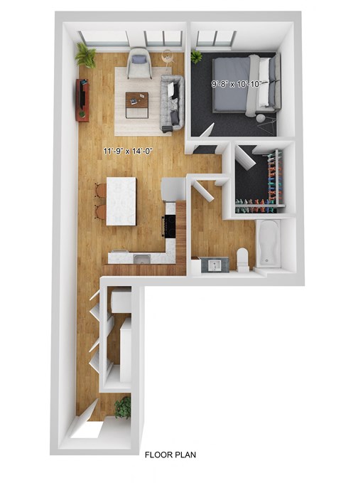 Floor plan for 1 bed, 1 bath, 618 sqft